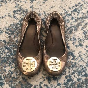 Tory Burch Brown And Gold Metallic Ballet Flats